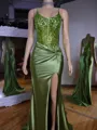 Glam Sheath V-Neck Appliques Lace Sweep Train Silk Like Satin Corset Dress