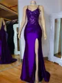 Glam Sheath V-Neck Appliques Lace Sweep Train Silk Like Satin Corset Dress
