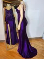 Glam Sheath V-Neck Appliques Lace Sweep Train Silk Like Satin Corset Dress