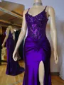 Glam Sheath V-Neck Appliques Lace Sweep Train Silk Like Satin Corset Dress