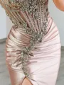 Gorgeous Sheath V-Neck Rhinestone Sweep Train Silk Like Satin Corset Dress