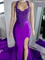 Magnificent Sheath Halter Appliques Lace Chapel Train Silk like Satin Dress
