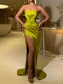 Charming Sheath Straight Pleated Sweep Train Silk like Satin Dress