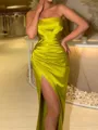 Charming Sheath Straight Pleated Sweep Train Silk like Satin Dress