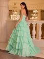 Stunning A-Line Straight Cascading Ruffles Sweep Train Chiffon Corset Prom Dress