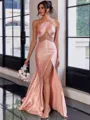 Delicate Sheath Halter Beading Sweep Train Satin Prom Dress