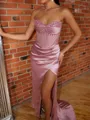 Fashion Sheath Sweetheart Pleated Sweep Train Silk Like Satin Corset Prom Dress