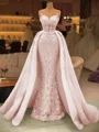 Pretty Sheath Illusion Appliques Lace Sweep Train Satin Corset Prom Dress