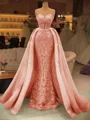 Pretty Sheath Illusion Appliques Lace Sweep Train Satin Corset Prom Dress