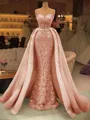 Pretty Sheath Illusion Appliques Lace Sweep Train Satin Corset Prom Dress