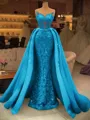 Pretty Sheath Illusion Appliques Lace Sweep Train Satin Corset Prom Dress