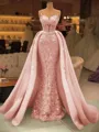 Pretty Sheath Illusion Appliques Lace Sweep Train Satin Corset Prom Dress