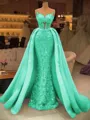 Pretty Sheath Illusion Appliques Lace Sweep Train Satin Corset Prom Dress
