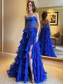 Unforgettable A-Line Straight Cascading Ruffles Sweep Train Tulle Corset Prom Dress