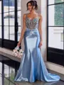 Show-stopping Sheath Spaghetti Straps Beading Sweep Train Silk Like Satin Corset Prom Dress