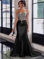 Show-stopping Sheath Spaghetti Straps Beading Sweep Train Silk Like Satin Corset Prom Dress