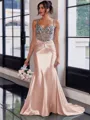 Show-stopping Sheath Spaghetti Straps Beading Sweep Train Silk Like Satin Corset Prom Dress