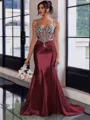 Show-stopping Sheath Spaghetti Straps Beading Sweep Train Silk Like Satin Corset Prom Dress