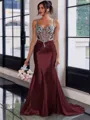 Show-stopping Sheath Spaghetti Straps Beading Sweep Train Silk Like Satin Corset Prom Dress