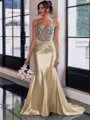 Show-stopping Sheath Spaghetti Straps Beading Sweep Train Silk Like Satin Corset Prom Dress