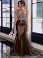Show-stopping Sheath Spaghetti Straps Beading Sweep Train Silk Like Satin Corset Prom Dress