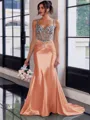 Show-stopping Sheath Spaghetti Straps Beading Sweep Train Silk Like Satin Corset Prom Dress
