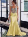 Show-stopping Sheath Spaghetti Straps Beading Sweep Train Silk Like Satin Corset Prom Dress