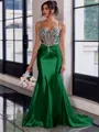 Show-stopping Sheath Spaghetti Straps Beading Sweep Train Silk Like Satin Corset Prom Dress