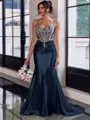 Show-stopping Sheath Spaghetti Straps Beading Sweep Train Silk Like Satin Corset Prom Dress