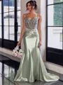 Show-stopping Sheath Spaghetti Straps Beading Sweep Train Silk Like Satin Corset Prom Dress