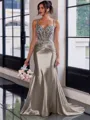 Show-stopping Sheath Spaghetti Straps Beading Sweep Train Silk Like Satin Corset Prom Dress