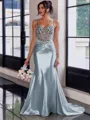 Show-stopping Sheath Spaghetti Straps Beading Sweep Train Silk Like Satin Corset Prom Dress