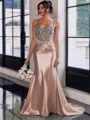 Show-stopping Sheath Spaghetti Straps Beading Sweep Train Silk Like Satin Corset Prom Dress