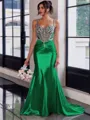 Show-stopping Sheath Spaghetti Straps Beading Sweep Train Silk Like Satin Corset Prom Dress