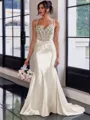Show-stopping Sheath Spaghetti Straps Beading Sweep Train Silk Like Satin Corset Prom Dress