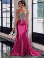 Show-stopping Sheath Spaghetti Straps Beading Sweep Train Silk Like Satin Corset Prom Dress