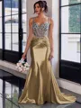 Show-stopping Sheath Spaghetti Straps Beading Sweep Train Silk Like Satin Corset Prom Dress