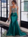 Show-stopping Sheath Spaghetti Straps Beading Sweep Train Silk Like Satin Corset Prom Dress