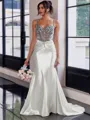 Show-stopping Sheath Spaghetti Straps Beading Sweep Train Silk Like Satin Corset Prom Dress