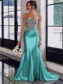 Show-stopping Sheath Spaghetti Straps Beading Sweep Train Silk Like Satin Corset Prom Dress