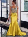 Show-stopping Sheath Spaghetti Straps Beading Sweep Train Silk Like Satin Corset Prom Dress