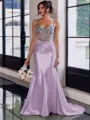 Show-stopping Sheath Spaghetti Straps Beading Sweep Train Silk Like Satin Corset Prom Dress