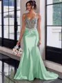 Show-stopping Sheath Spaghetti Straps Beading Sweep Train Silk Like Satin Corset Prom Dress
