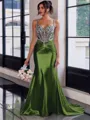 Show-stopping Sheath Spaghetti Straps Beading Sweep Train Silk Like Satin Corset Prom Dress