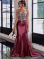 Show-stopping Sheath Spaghetti Straps Beading Sweep Train Silk Like Satin Corset Prom Dress