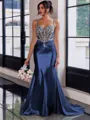 Show-stopping Sheath Spaghetti Straps Beading Sweep Train Silk Like Satin Corset Prom Dress