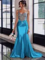 Show-stopping Sheath Spaghetti Straps Beading Sweep Train Silk Like Satin Corset Prom Dress