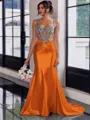 Show-stopping Sheath Spaghetti Straps Beading Sweep Train Silk Like Satin Corset Prom Dress
