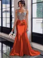 Show-stopping Sheath Spaghetti Straps Beading Sweep Train Silk Like Satin Corset Prom Dress