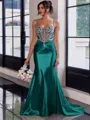 Show-stopping Sheath Spaghetti Straps Beading Sweep Train Silk Like Satin Corset Prom Dress